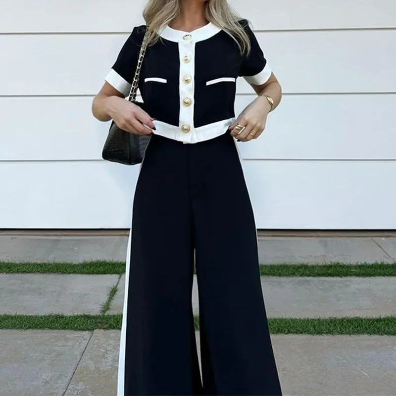 Two-piece Set 2024 Autumn/winter New Women\'s Fashion Commuting Short Sleeved Top and Straight Leg Pants Suit Y2k Streetwear