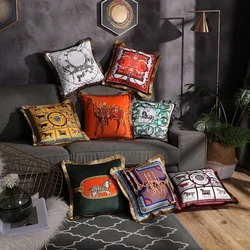 European Luxury Velvet Tassel Pillowcase Horse Carriage Double Sides Print Luxurious Cushion Cover Ultra Soft Sofa Throw Pillows