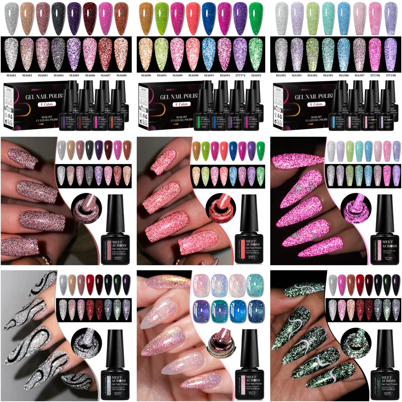 8pcs Fluorescent Reflective Gel Nail Polish Set Nail Art Shiny Effect Semi Permanent UV Gel Varnish Manicure DIY Nail Supplies