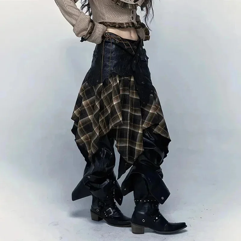 Unregelmäßige Patchwork Grunge Y2k Röcke hohe Taille Vintage Plaid Röcke Gürtel Dekor Punk Midi Röcke Gothic A-Linie Rock für Frauen