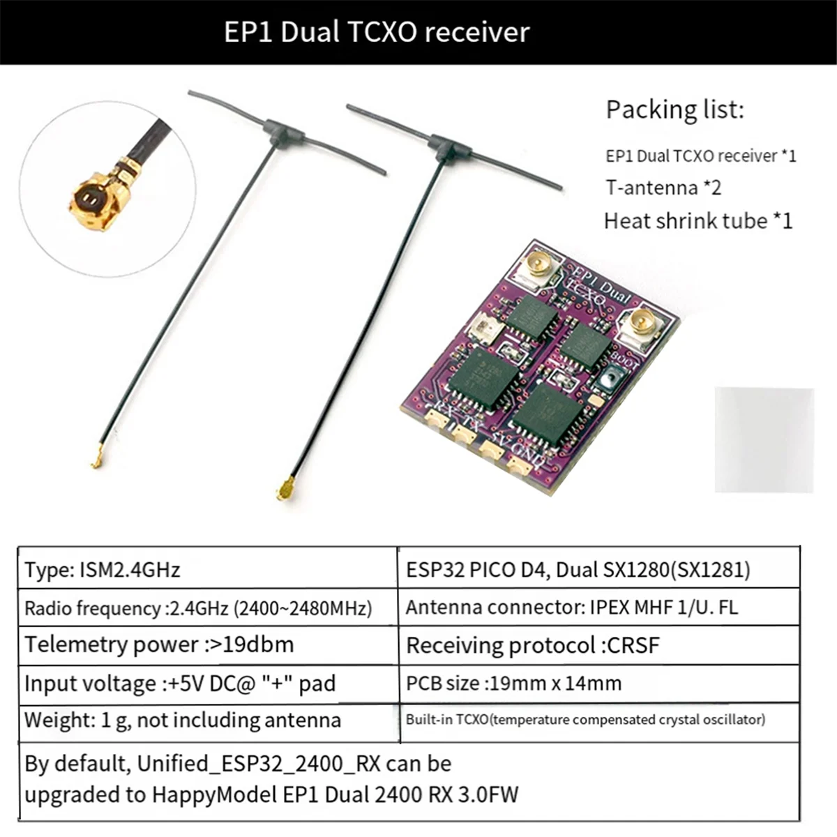 For HappyModel EP1 DUAL TCXO Receiver ESP32 2.4GHz 2400-2480MHz CRSF ELRS Mini FPV Racing Drone Receiver EP1 DUAL TCXO