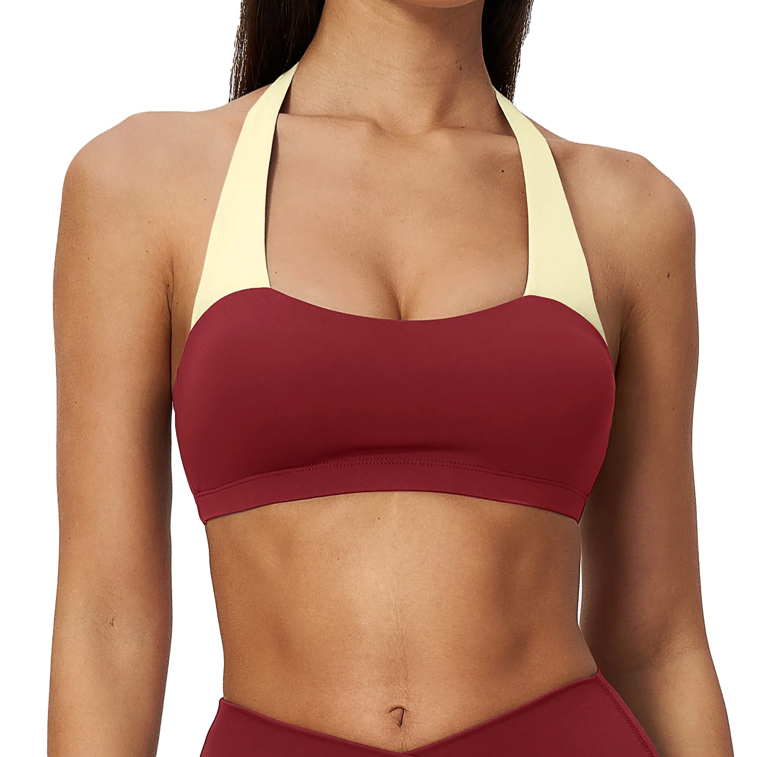 Women Yoga Halter Sports Bra Color Block Design Push Up High Elastic Nude Feel Bandeau Neckline Gym Pilates Running Fitness Bra