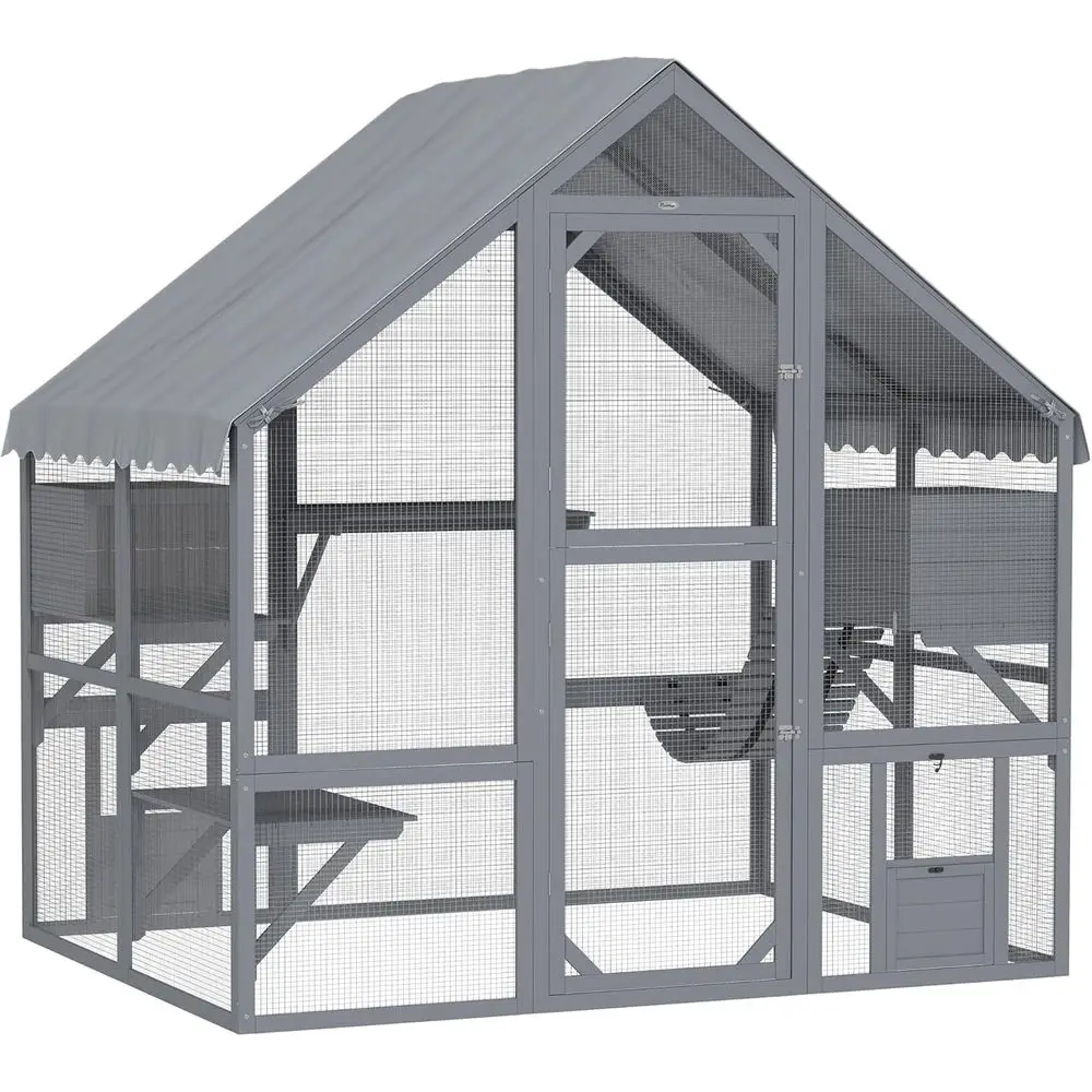 

Large Catio Outdoor Cat Enclosure, 28 sq.ft Wooden House, Waterproof Cover, Walk-in Kitty Cage with 2 Condos, 4 Platforms, Bridg