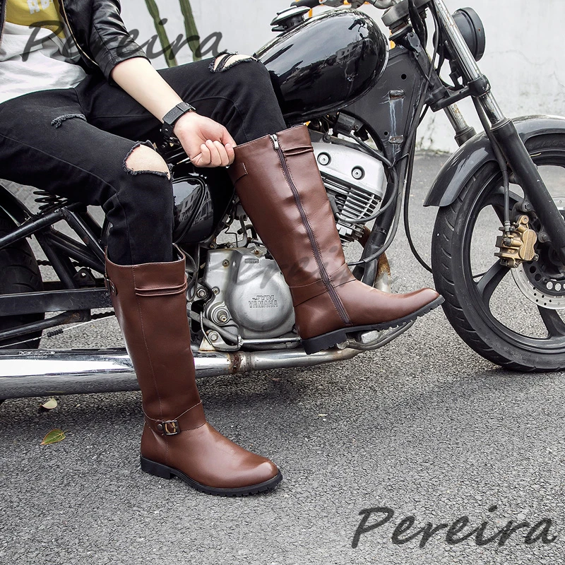 Autumn Winter Retro Knee High Boots for Men British Style Leather Belt Buckle Zipper Knight Boots Outdoor Men's Shoes Plus Size
