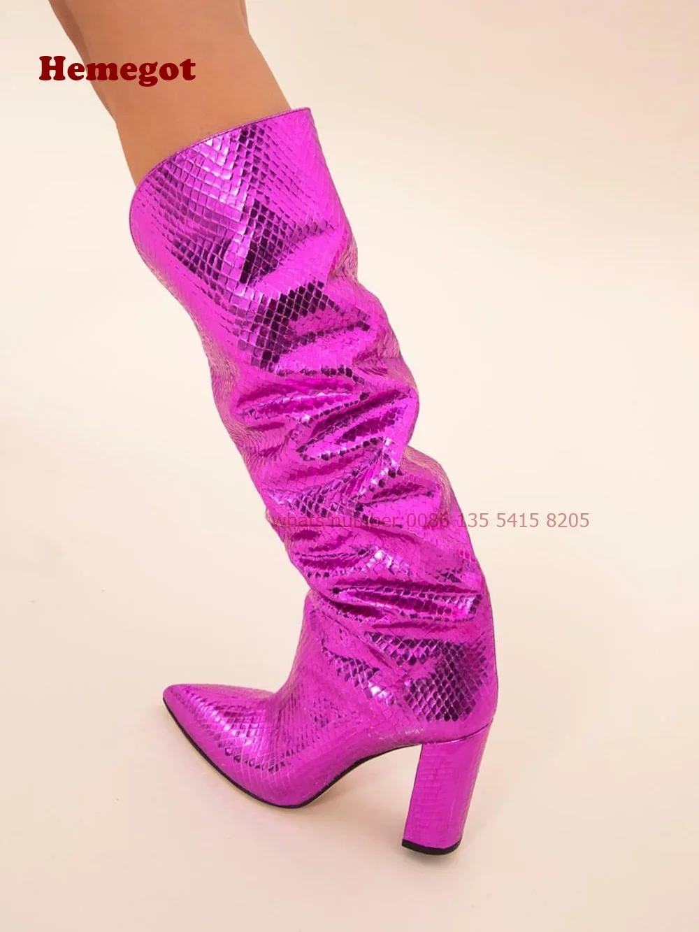 

Snakeskin Chunky Heels Knee High Boots Pointy Toe V-Cut Women's Boots Bling Glossy Casual Runway Shoes 2024 Winter High Heel