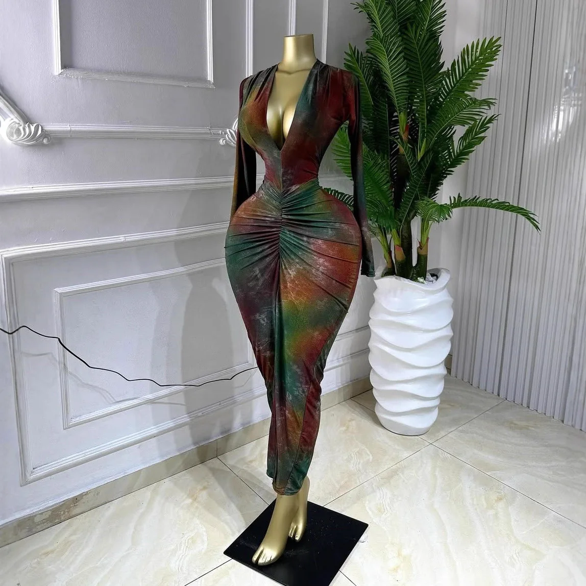 

Женское длинное платье с длинным рукавом, принтом, V-образным вырезом, драпировкой, сексуальное, высокоэластичное, летнее, 2026