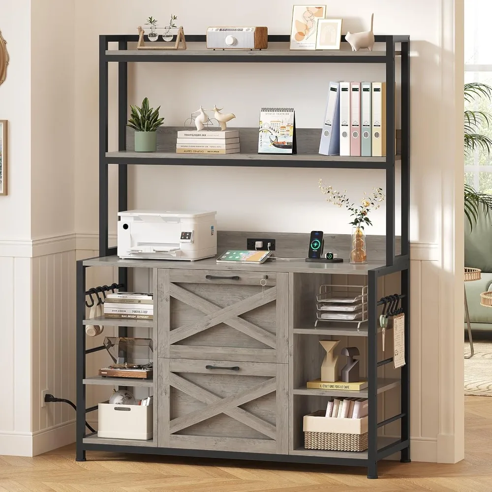 

File Cabinet with Charging Station, Vertical Filing Cabinet with Lock for Home Office, Printer Stand with Open Storage Shelf, F