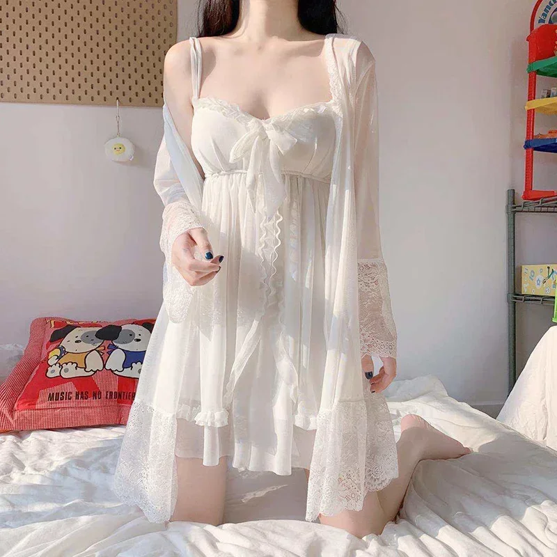 Elegant Sweet Simple Solid White Women Robe Gown Sets Chic Lace Bow Mesh  Sleepwear Breathable Slim Nightdress