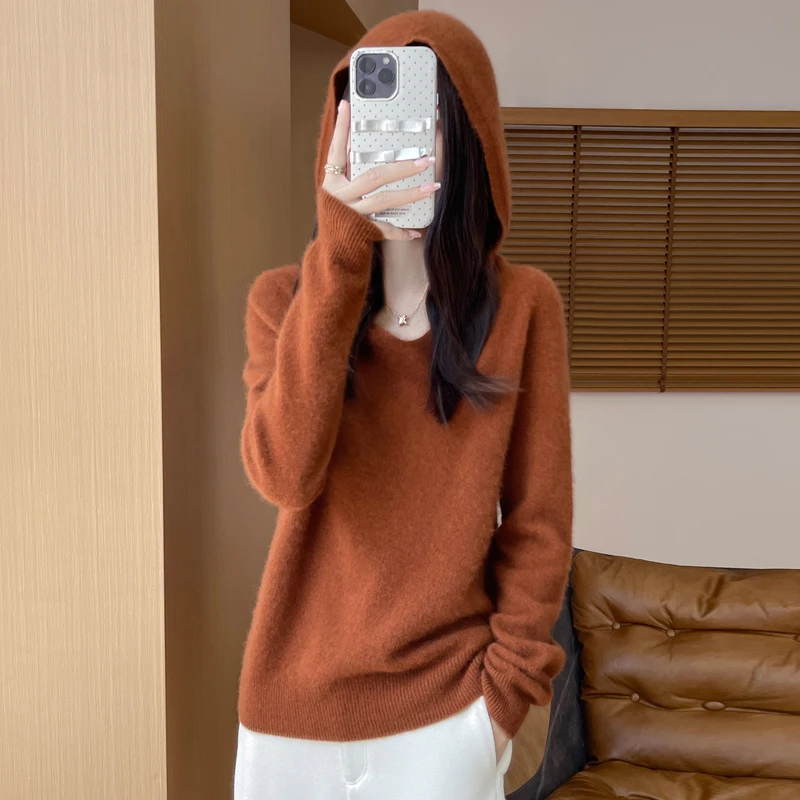 

100% Pure Wool Knitted Sweater. Female V-Neck. Hoodie. Laziness. Fashion. Solid color. Pullover Wool Sweater