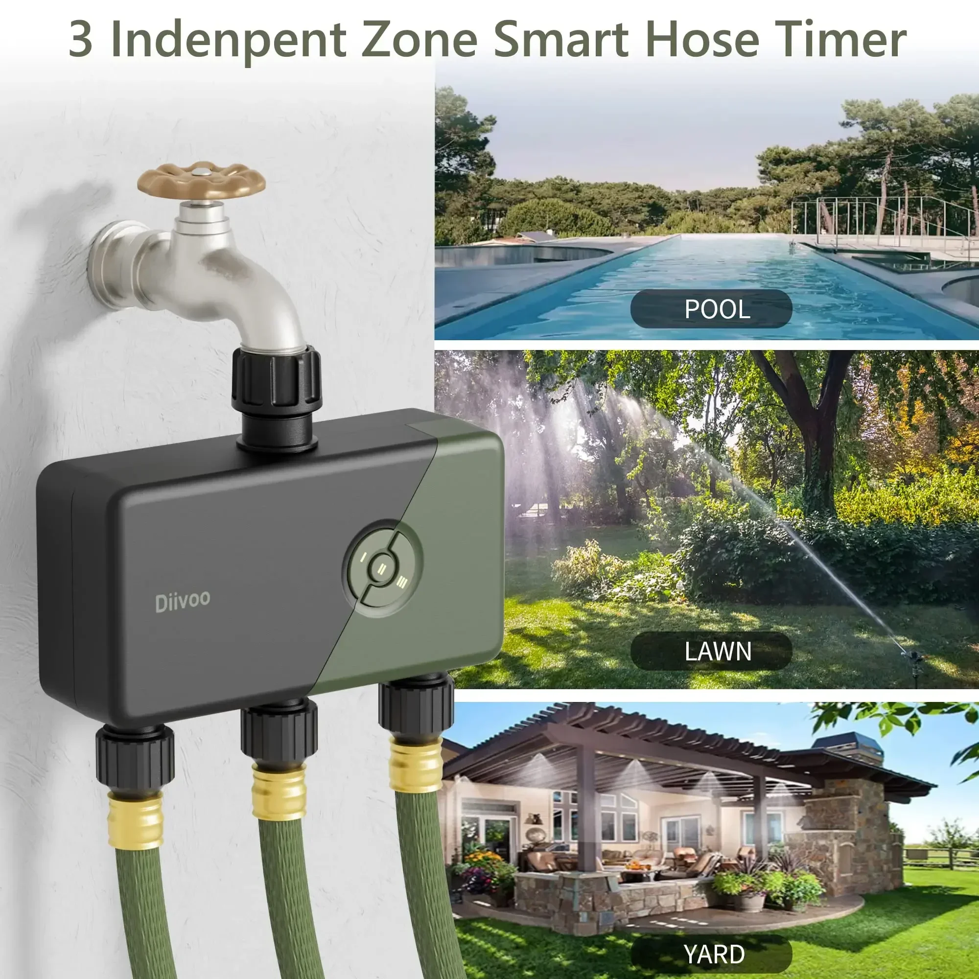 Diivoo WiFi Sprinkler Timer 2/3 Zonen mit Regenverzögerung, ferngesteuerter Gartenbewässerungstimer, kompatibel mit Alexa und Google