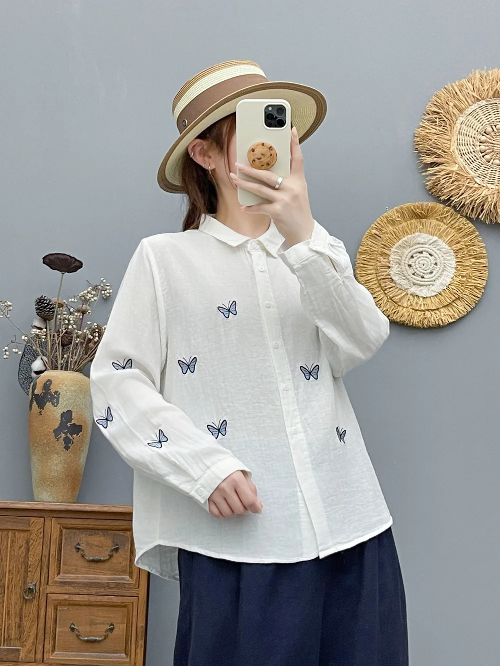 New 2026 Autumn Women Cotton Yarn Long Sleeve Shirt, Lapel Butterfly Embroidery, Mori Girl OL Commute Chic Loose Blouse T6O423CC