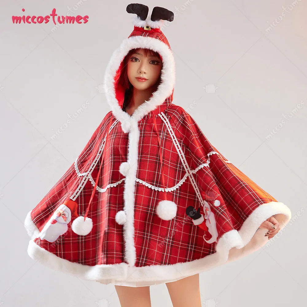 Women Christmas Hooded Cloak Santa Pattern Plaid Poncho Cape Coat for Women Cosplay Costume