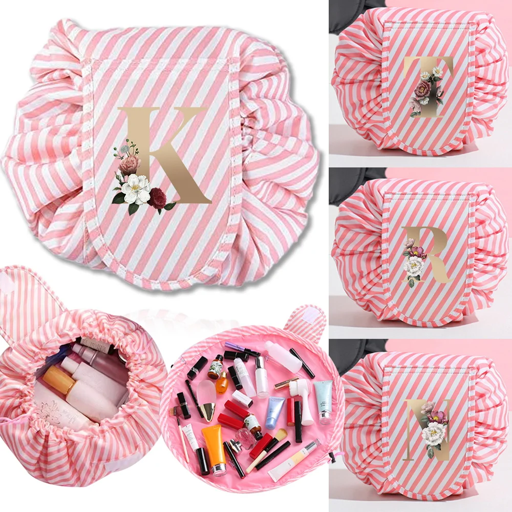 

Women Cosmetic Bag Red Stripe Make Up Pouch Women Outdoor Portable Storage Bag Toiletries Organize Printing Gold Letter Series