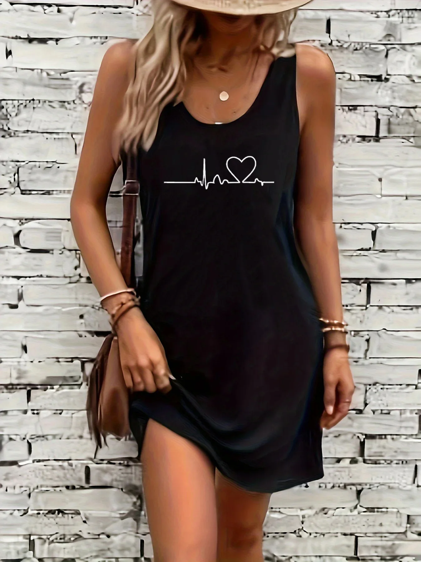 

Women's summer loose and comfortable casual classic heartbeat pattern printed black sleeveless vest skirt punk style dress