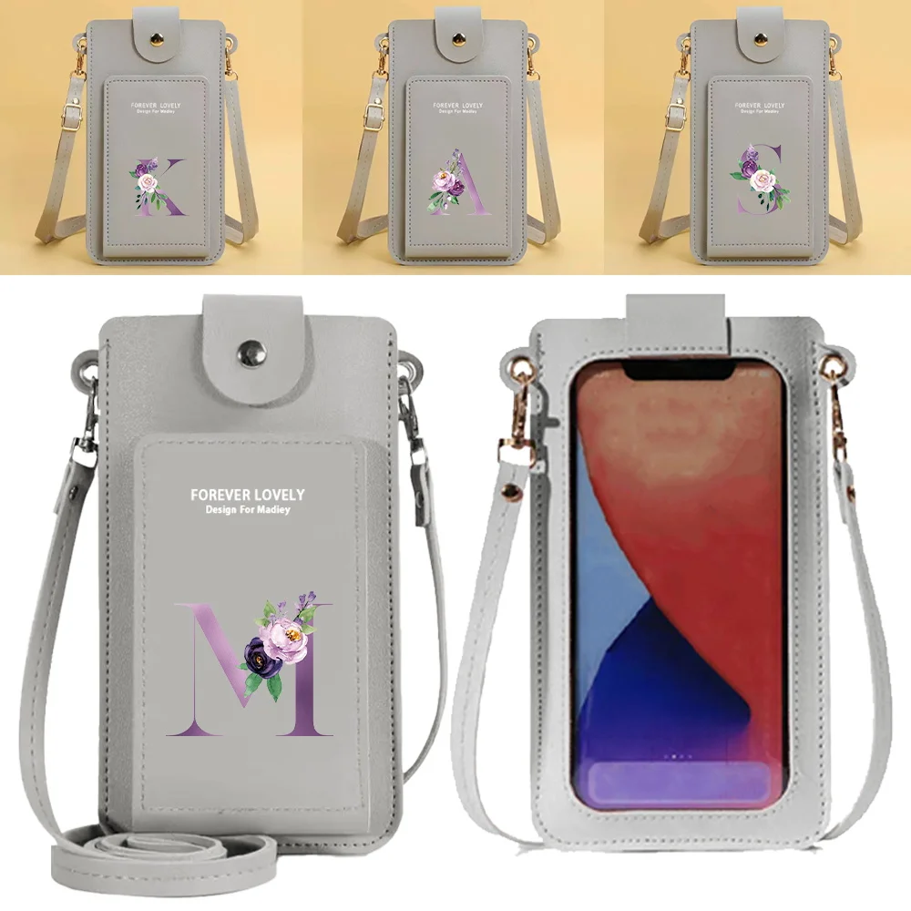 1pc Universal Mobile Phone Bag PU Purse Purple Initials A To Z Pattern Women Crossbody Shoulder Bag Wallet  Card Holders