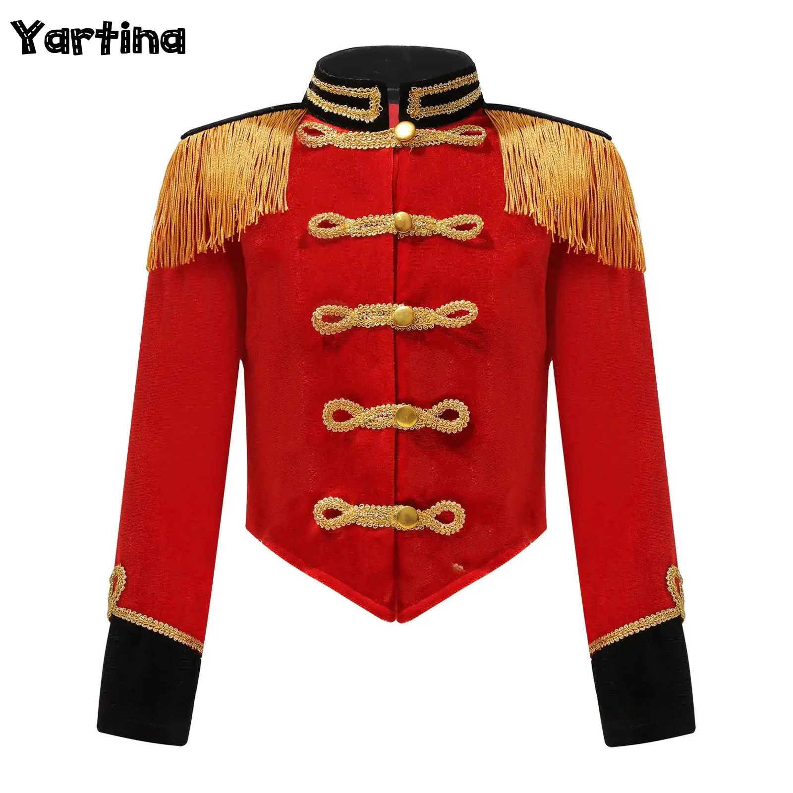 Kids Girls Loyal Circus Ringmaster Cosplay Costume Stand Collar Long Sleeve Fringe Tassel Epaulet Jacket Ringleader Drummer Tops