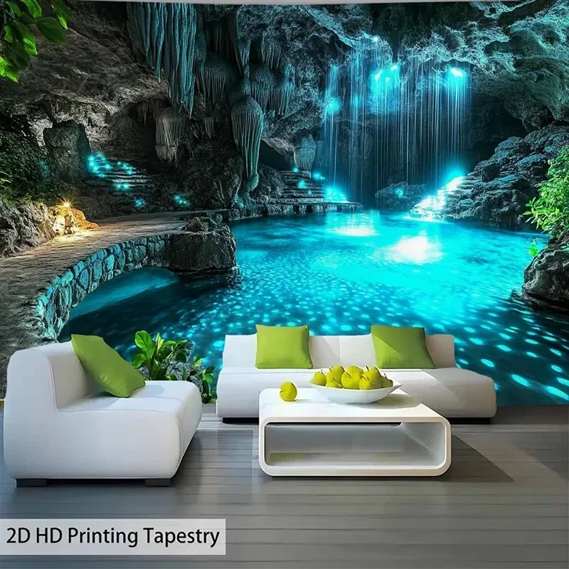 Vibrant Blue Cave Waterfall Mural Tapestry Waterproof Wall Art for Living Room Bedroom Home Decor