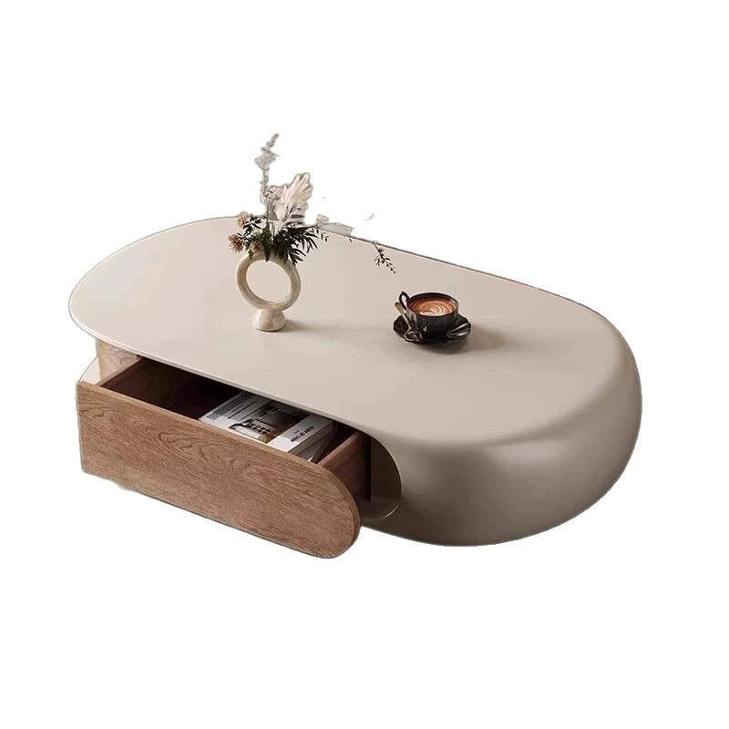 Cream style, oval shape, simple solid wood art, special-shaped wabi-sabi style, coffee table, with storage
