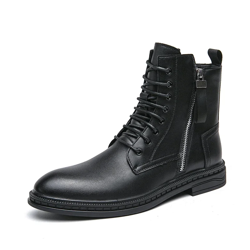 2024 Mens High Top British Style Thick Bottom Motorcycle Boots Leather Black Laced Denim Boots Round Toe Side Zipper Punk Boots