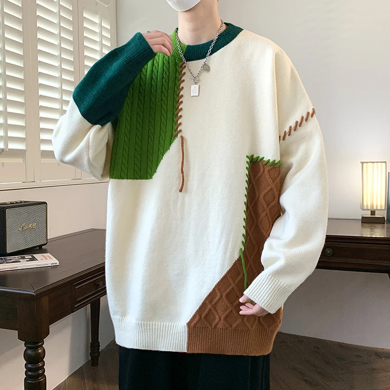 

Korean Fashion Warm Men's Knitted Sweaters Patchwork O Neck Knit Pullovers Autumn Winter Streetwear Casual Pullover Male Clothes