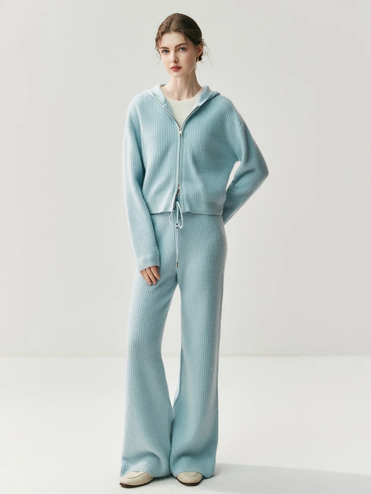 Women Sweater Suit Cardigan Pants 100% Cashmere Autumn Winter Sweater Set Hooded Cardigan Straight Pants Waffle Old Money Style