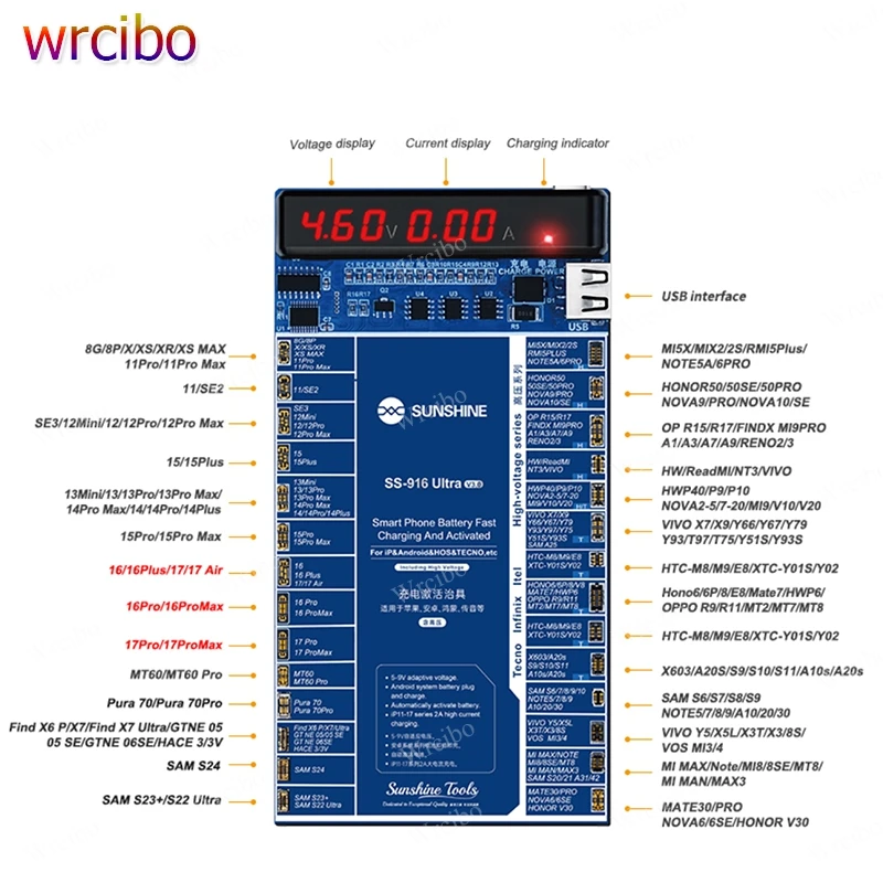 

SUNSHINE SS-916 Ultra Battery Charging Fixture Support For iPhone 8-17 Pro Max & Android 500+ Models,Dual Display,2A Fast Charge