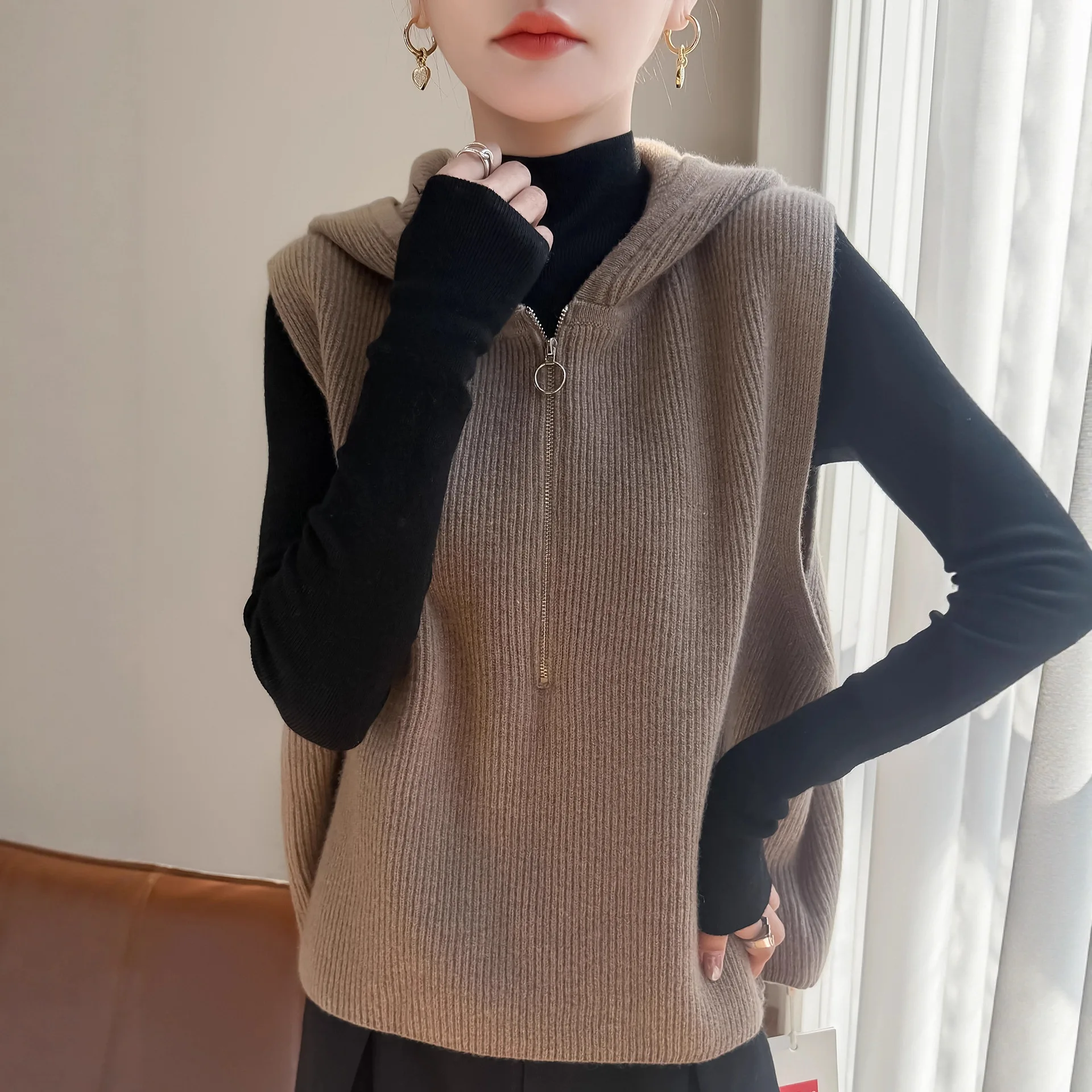 Damska kamizelka swetrowa z zamkiem błyskawicznym, z kapturem, ciepła, jesienno-zimowa, dzianinowa kamizelka, modna, luźna, koreańska, gruba kamizelka swetrowa, codzienna odzież wierzchnia.