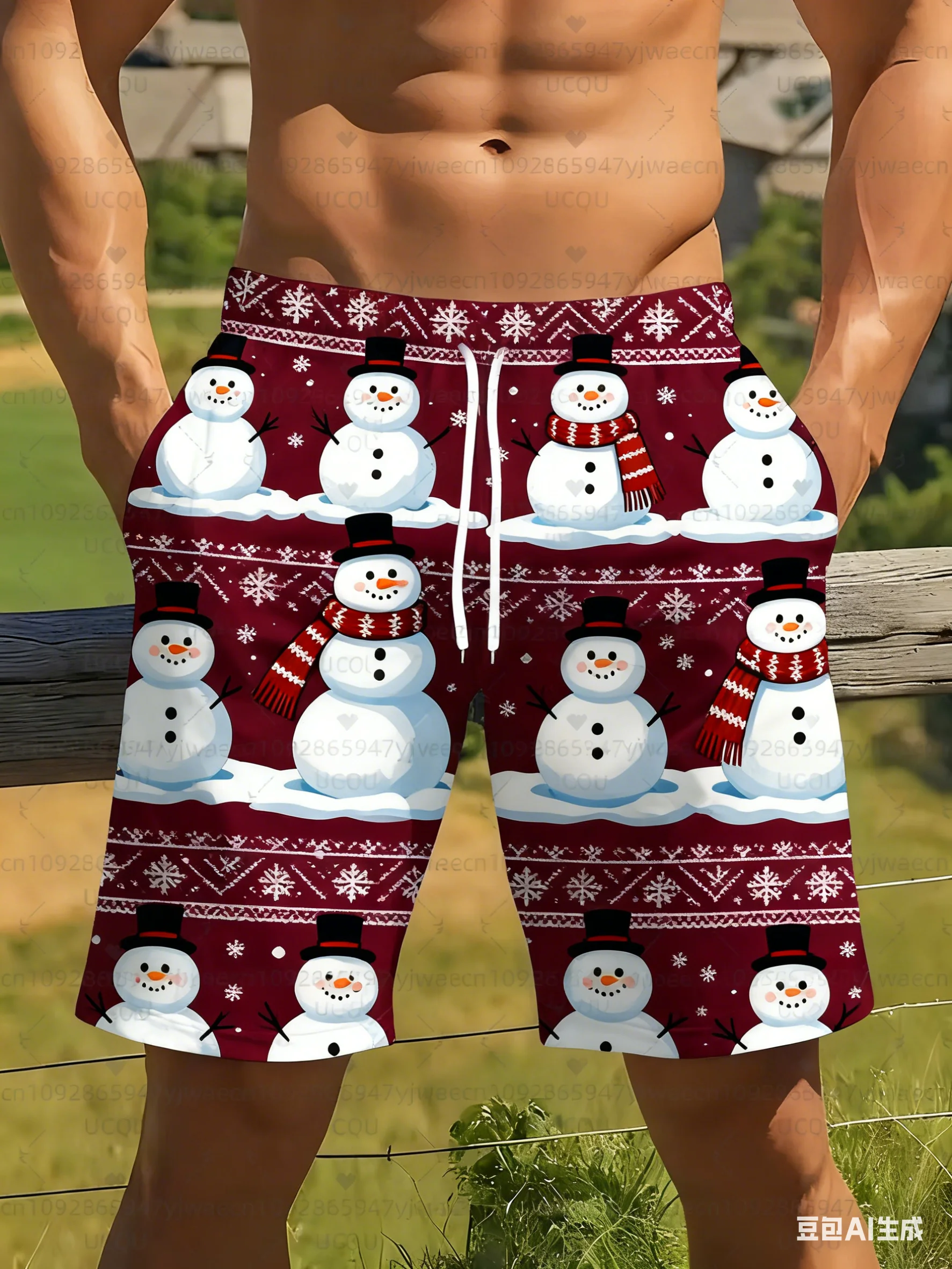 الرجال عيد الميلاد سروال سباحة قصير الأحمر والأبيض ندفة الثلج هولي مطبوعة سريعة الجافة بحر عطلة الصيف عطلة هاواي الرجال السراويل