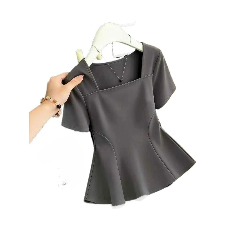 Two-piece Package, Large-size Front Shoulder Square Neck Short-sleeved T-shirt, Women's Summer Fat MM Meat-covering and Thin Top