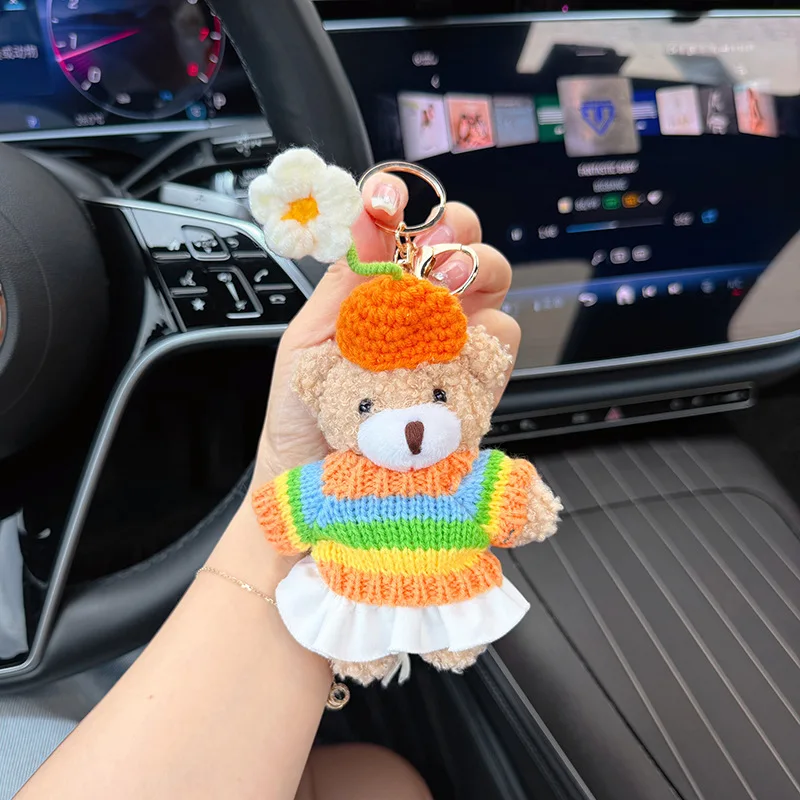 Korean-style Cute Handmade Crocheted Flower Hat Plush Bear Keychain cartoon Sweater Teddy Bear Bag Pendant for Women view 2