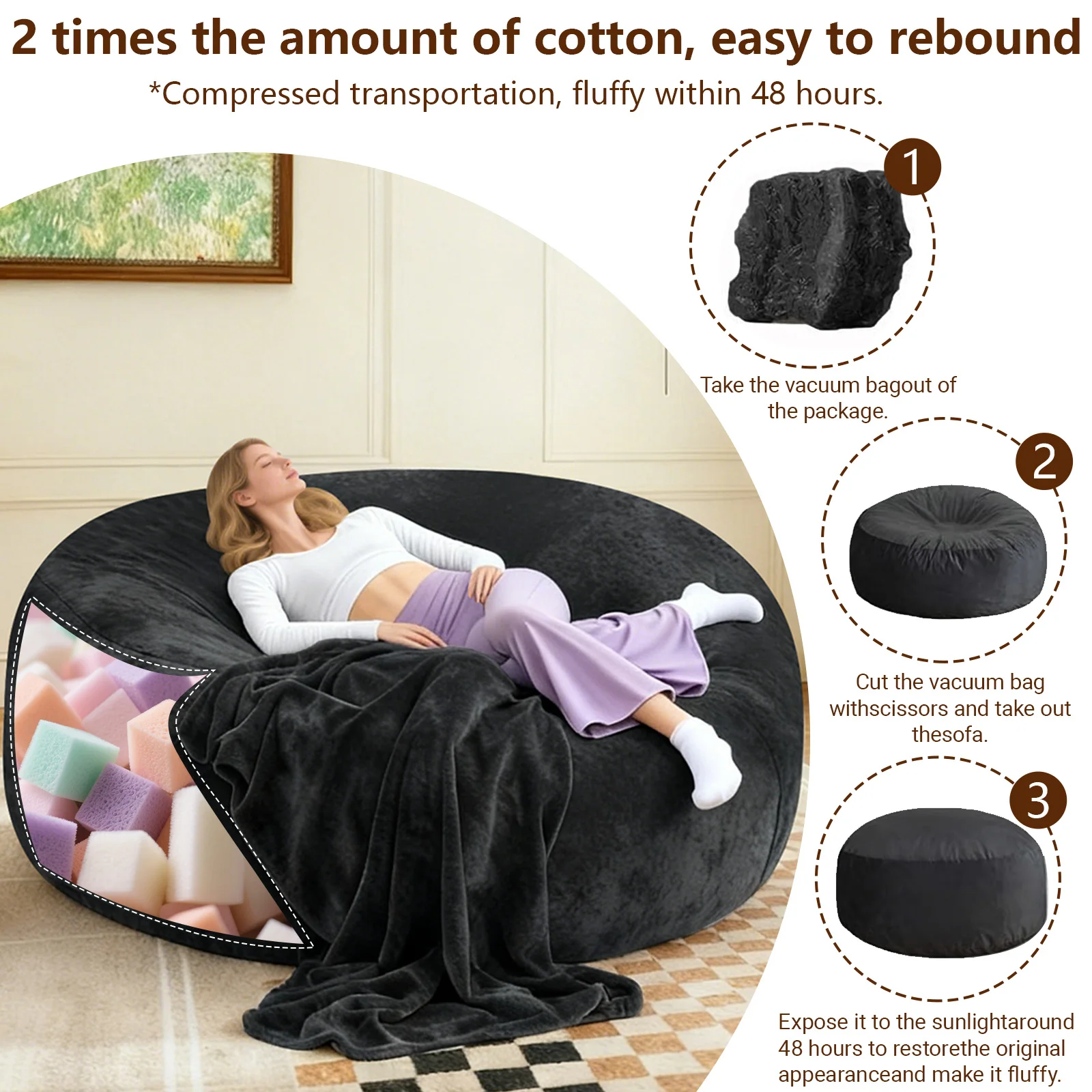 100CM×100CM×60CM, adult beanbag chair with padded beanbag inside, memory foam chair, soft flannel washable cover, ideal reading seat for bedrooms and dorms. image 7