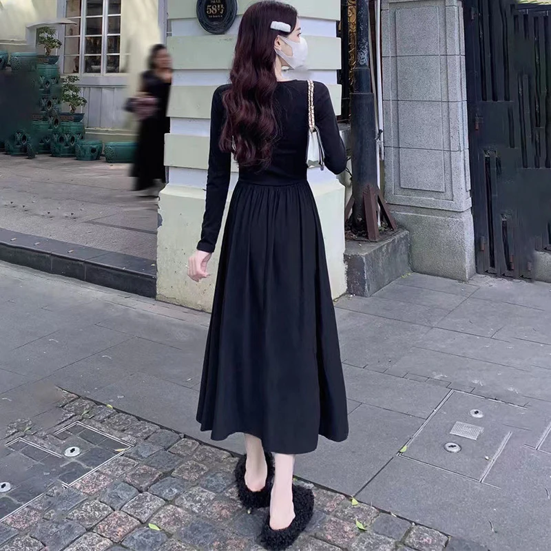 Elegant Lady Dress Gothic Y2K Women V Neck Waist-Fitted Slimming New Solid Midi Dresses Fashion Arcane Casual Long Sleeve Skirt