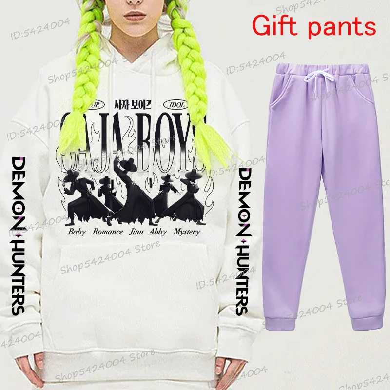 

KPop Охотники на демонов, женские толстовки с капюшоном в стиле аниме, комплект спортивных штанов, новый модный мужской пуловер, брюки, костюм, осенние комплекты с капюшоном для пар, брюки