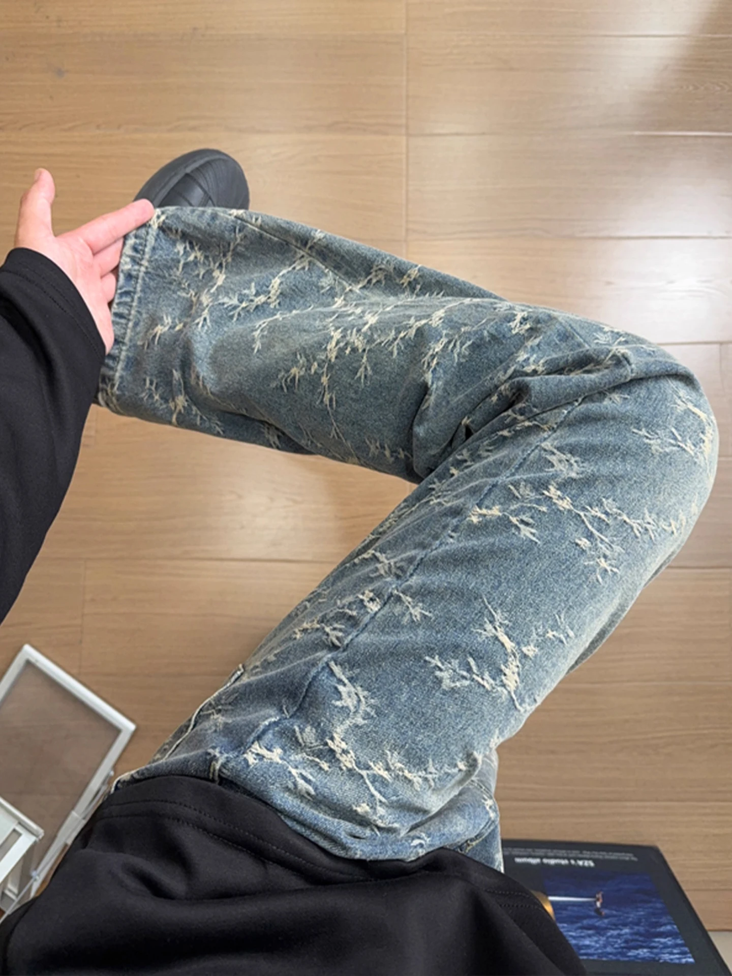 

Мужские облегающие прямые джинсы с цветочной вышивкой в американском стиле High Street, повседневная износостойкая зимняя одежда