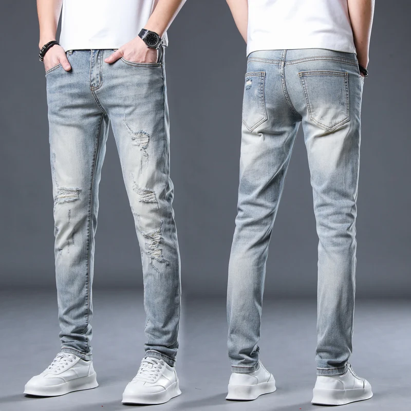 spring and autumn retro slim fit small foot elastic casual pant  skinny ripped Distressed jeans men streetwear mens pants