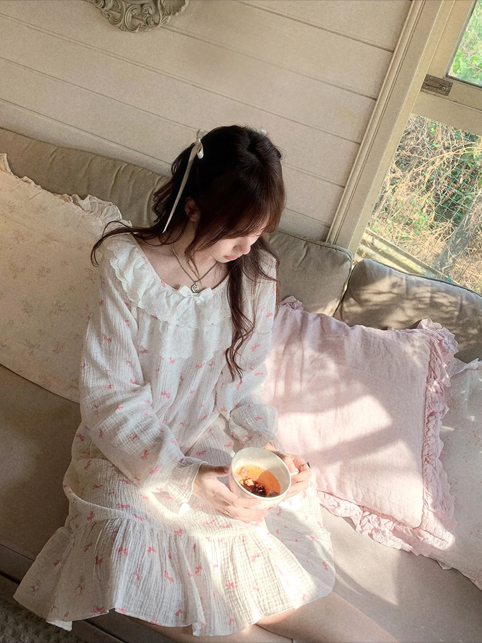 Japanese Style Cute Rabbit Print Long Nightgowns Tiered Lace Bow Long Sleeve Mid Length Sleepshirts Loungewear Sweet Girls