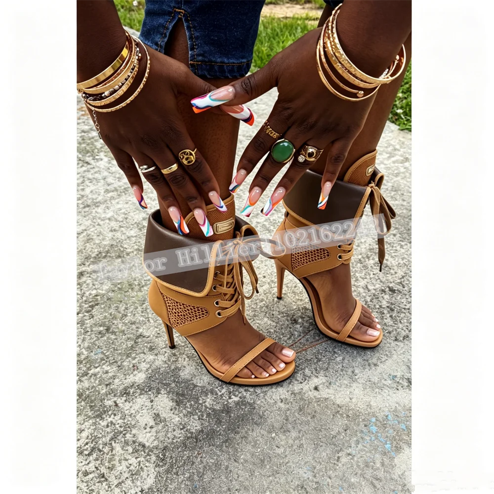 Women Open Toe Stiletto Heel Sandals Lace-Up Mesh Patchwork Cuff Ankle High Heels Fashion Party Nightclub Dress Shoes For Ladies