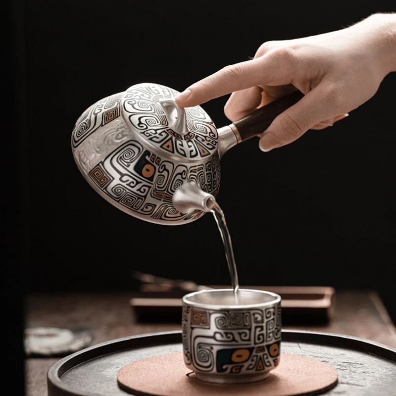 Silver Tea Set 999 Pure Silver Side Handle Stone Ladle Teapot Handmade Gilded Silver Teapot Household Kung Fu Teapot