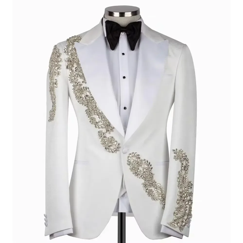 White Suits Men For Wedding Crystal Beaded 2 Pieces Jacket Pants Groom Tuxedo Formal Business Banquet