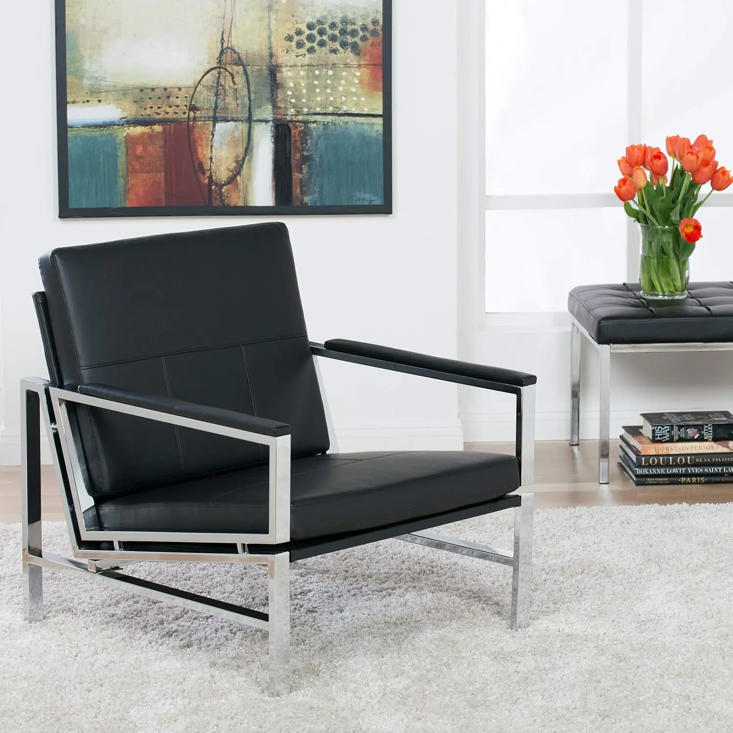 Black, Modern Atlas Accent Chair for Living Room Bedroom, Bonded Leather