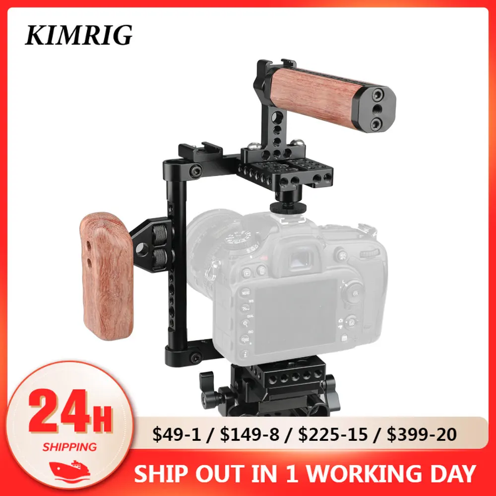 KIMRIG Dslr Camera Half Cage Quick Release Cage Kit With Top Handle Left-sided Wooden Handle QR Plate For Canon Nikon Sony