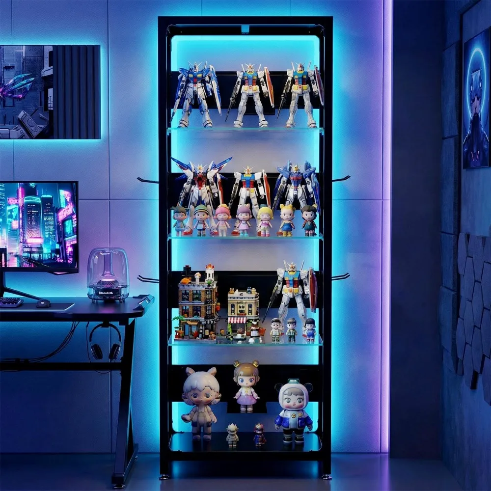 4-Tier Glass Display Shelf with RGB LED Lights, Metal Frame Lighted Curio Cabinet with Adjustable Storage Box & Hooks, Standing Display Rack for Collectibles, Plants and Books for Living Room Bedroom Office