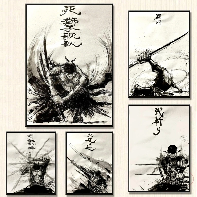 

Japan Anime Canvas Painting One Piece Zoro Poster Black and White Sketch Art Comic Pictures Children's Bedroom Decoration Gift