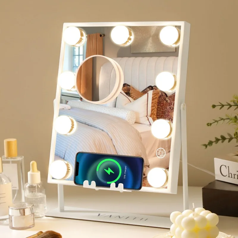 

VANITII Hollywood Vanity Makeup Mirror Perfect Size Wireless Charge Bluetooth Speaker 3 Light Adjustable 9 LED BulbS 360 Degree