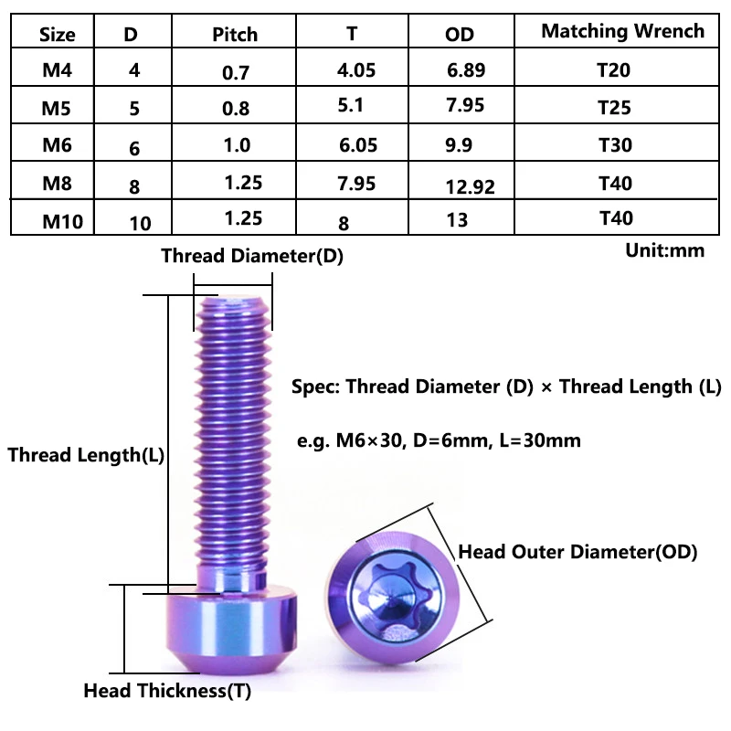 TC4 Titanium Bolt M4 M5 M6 M8 M10 Chamfered Torx Screw For Bicycle Handlebar Stem Motorcycle & Car Modification Star Socket