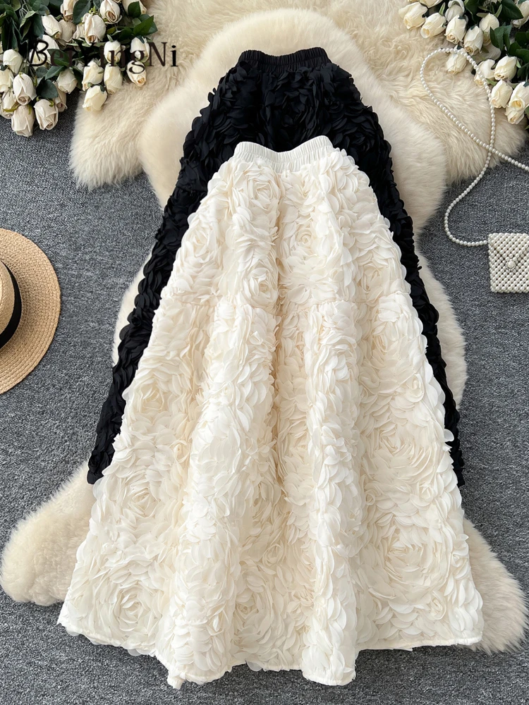 

Beiyingni, французские роскошные женские юбки-миди, тяжелая промышленность, 3D цветочная вечерние пачка, длинная юбка трапециевидной формы, женская черная юбка с высокой талией Faldas