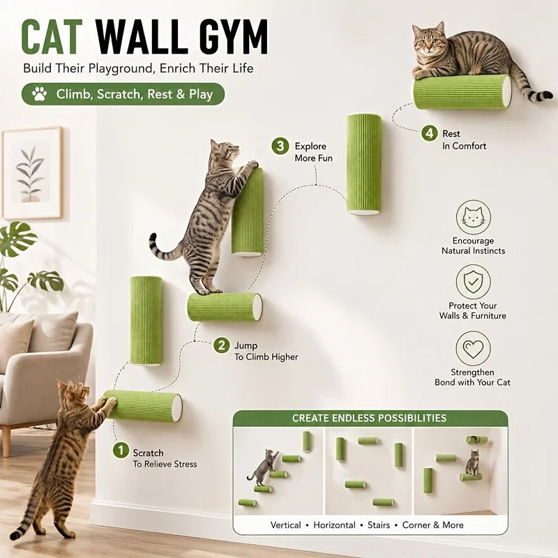 Cat Scratching Post, Creative Cylindrical Wall-Mounted Self-Adhesive Scratching Post, Combination Assembly Cat Wall Staircase