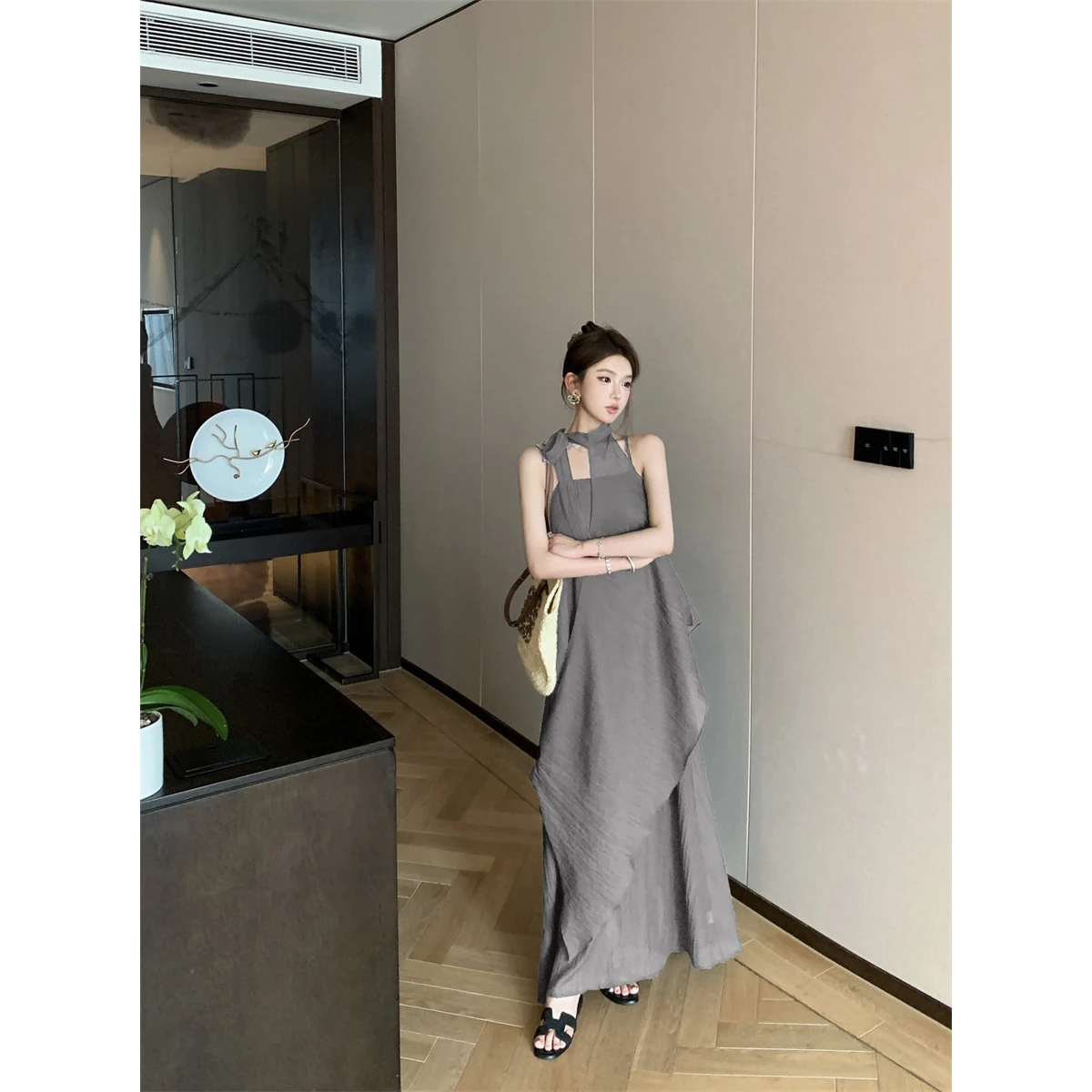 Original Fabric Vintage Dress Summer 2026 Chic Ladylike Strap Design Sensible Hanging City Walk Style Three-quarter Sleeve Al...