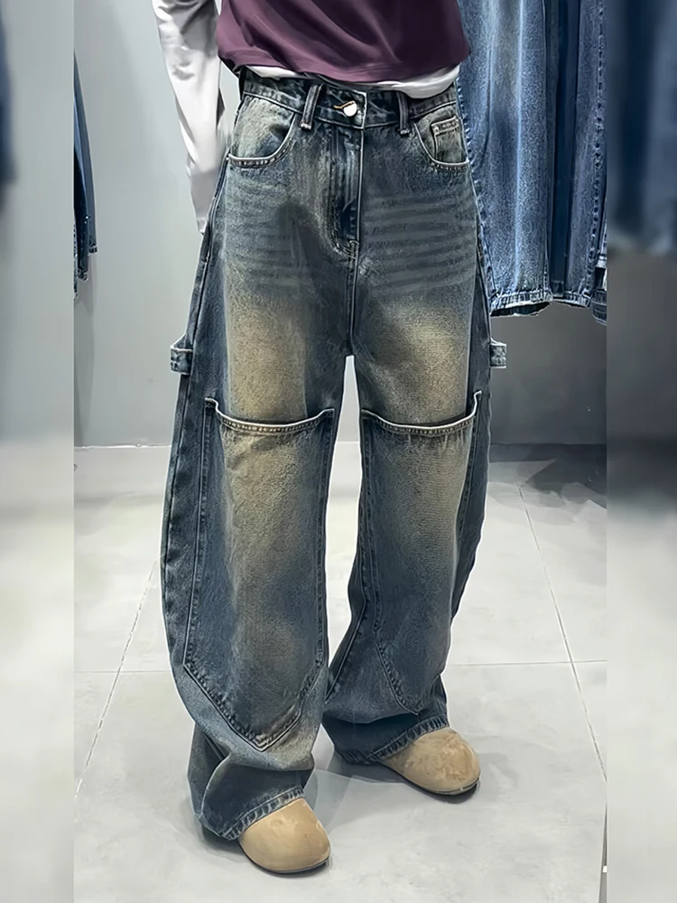 

Женские винтажные джинсы в американском стиле с эффектом потертости, свободного кроя, с большими карманами, удлиненные, в стиле «ленивый шик»