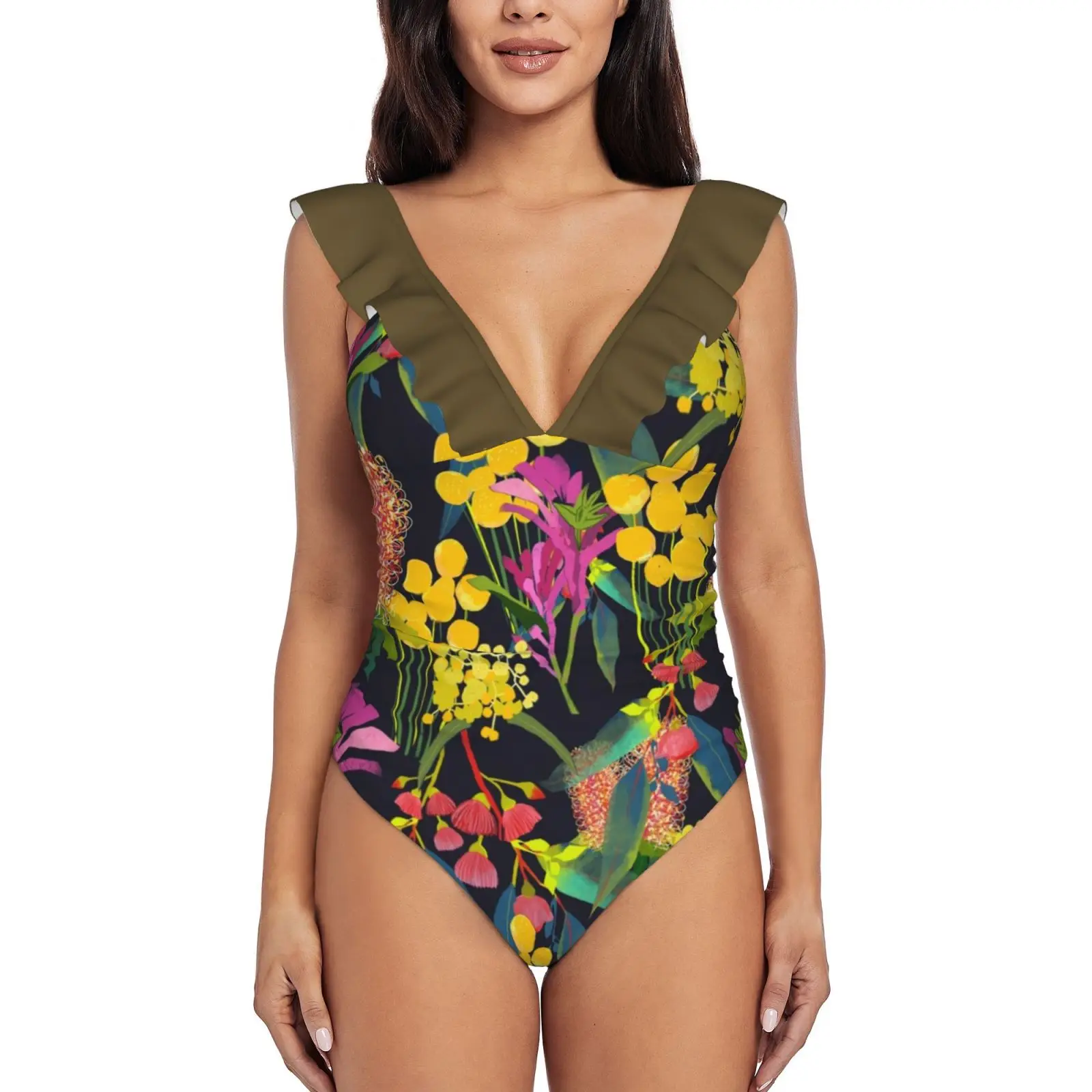 

Australian Wild Flowers New Print Swimwear Deep-V Ruffle Swimsuit One Piece Swimsuit Beach Wear Monokini Orchids Wild Flowers
